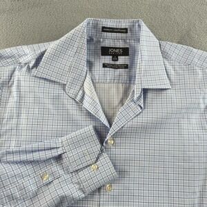 Jones New York Shirt Mens 17 34/35 Modern Fit Blue Check Non Iron Dress Cotton
